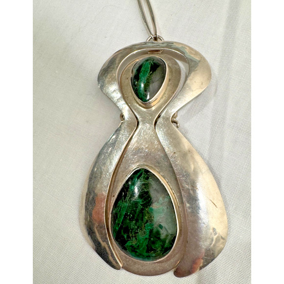 Modernist Sterling Silver Pendant Large 4" Hinged Green Eilat? Cabochon 62 Gr - Picture 4 of 16